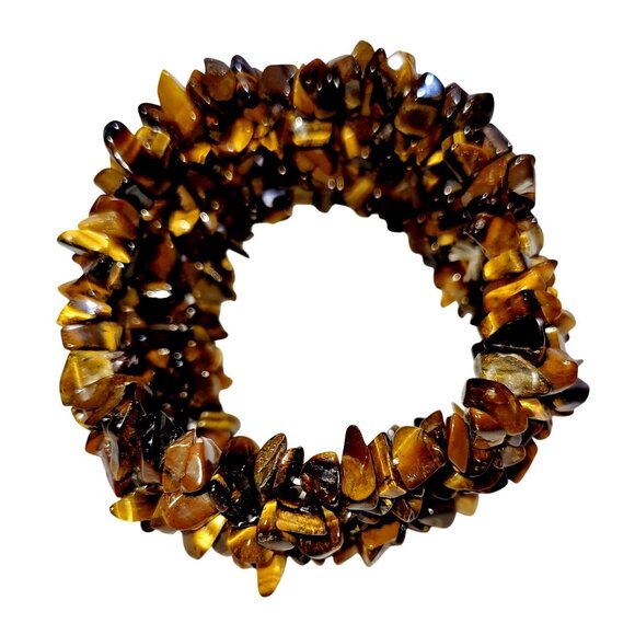 Vintage Tigers Eye Chips Gemstone Stretchable Bracelet 1.5" Wide - Picture 2 of 8